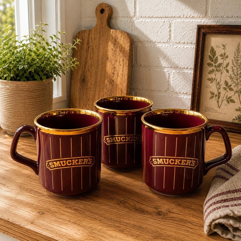 Vintage Smucker's Burgundy Gold Pinstripe Mugs Set of 3 (Made in‎ England)